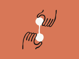 Illustration on a coral-orange background showing two stylized hands reaching toward each other. 