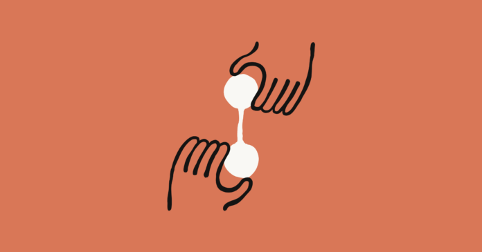 Illustration on a coral-orange background showing two stylized hands reaching toward each other. 