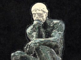 Thinking man statue with a digital coded overlay and his head is missing