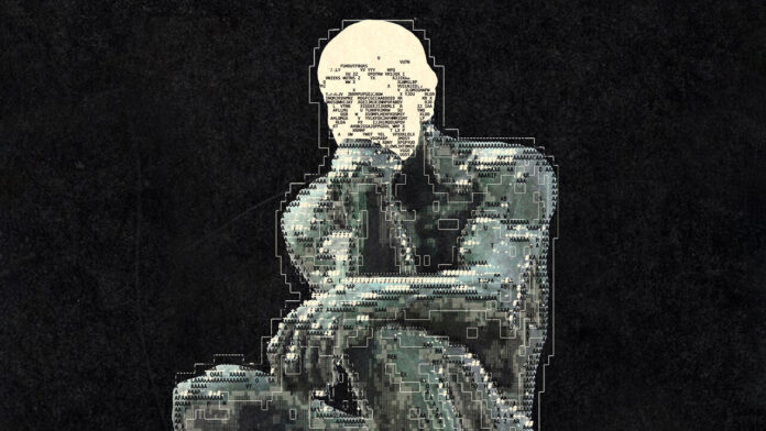 20250719_STD001.jpg Thinking man statue with a digital coded overlay and his head is missing