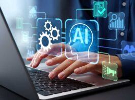 AI agent and intelligent automation IA technology. Business process automation BPA system. Businessman using laptop computer to give instructions to AI at desk in office
