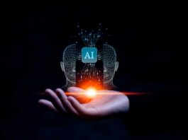 Business hand holding AI icon to digital marketing strategy idea ,target of investment growth, chatbot application software futuristic technology ,business of AI artificial intelligence innovation.