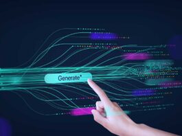 A hand showing AI tech with generative AI concept, artificial intelligence, cyber security, digital transformation, binary number background