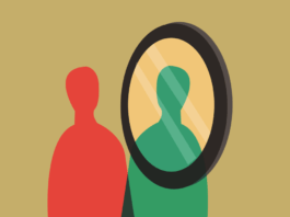 shutterstock 2136328777 Person looking at the mirror. Abstract concept for psychological and personal traits like behavioral mindset, self esteem, confidence, identity and more. Editable Clip Art.