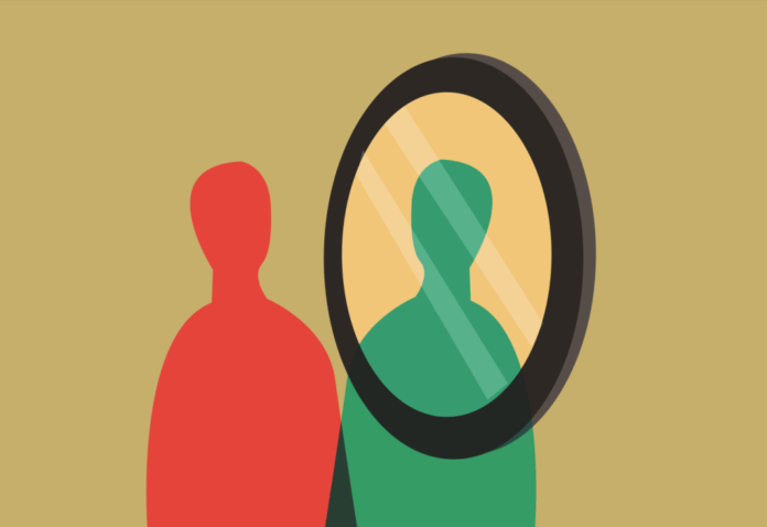 shutterstock 2136328777 Person looking at the mirror. Abstract concept for psychological and personal traits like behavioral mindset, self esteem, confidence, identity and more. Editable Clip Art.