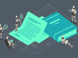 Robots work on a contract and review a legal book to illustrate AI usage in law.