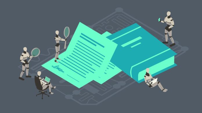 GettyImages-1474442258.jpg Robots work on a contract and review a legal book to illustrate AI usage in law.