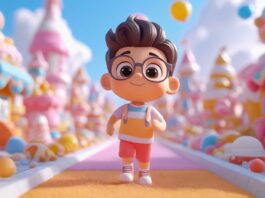 Image generated with Adobe Firefly showing a smiling cartoon boy with glasses, wearing an orange shirt and red shorts, walking down a pink and orange path in a colorful, candy-themed landscape with whimsical buildings