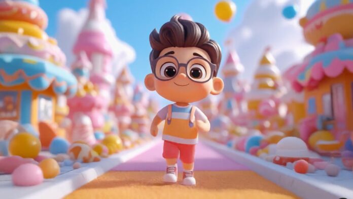 HfMotqJTXUpoj4UgKnU9FG.jpg Image generated with Adobe Firefly showing a smiling cartoon boy with glasses, wearing an orange shirt and red shorts, walking down a pink and orange path in a colorful, candy-themed landscape with whimsical buildings