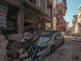 Collapsed buildings and houses after an earthquake