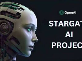 Futuristic AI robot head with Stargate AI Project text, OpenAI logo