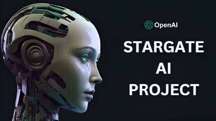 Futuristic AI robot head with Stargate AI Project text, OpenAI logo