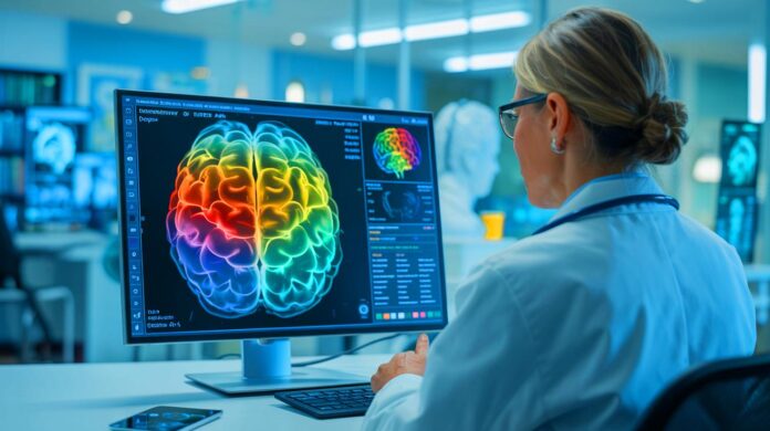 Illustration of StateViewer AI tool diagnosing nine types of dementia using brain scans. Image generated by AI.