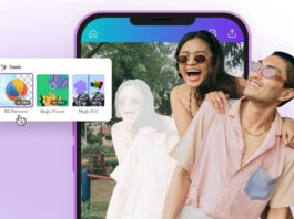 A smiling couple poses playfully in front of a smartphone screen displaying photo editing tools, including background remover, magic eraser, and magic edit, on a purple gradient background.