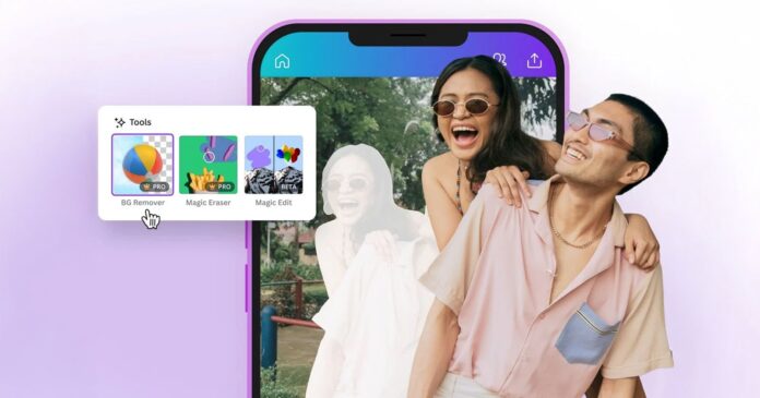 canva-ai-photo-editor-featured.jpg A smiling couple poses playfully in front of a smartphone screen displaying photo editing tools, including background remover, magic eraser, and magic edit, on a purple gradient background.