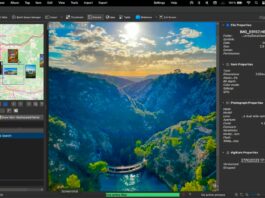 A screenshot of a photo editing software showing a vivid image of a river canyon at sunset, with steep cliffs, green trees, bright blue water, and a curved dam, alongside editing tools, photo info, and a map preview.