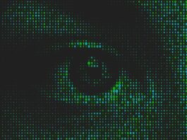 Artificial intelligence technology futuristic background. Green binary coding letters on black.