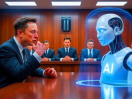 Illustration of Elon Musk's legal battle with OpenAI over artificial intelligence development. Image generated by AI.