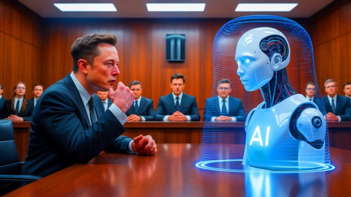 Illustration of Elon Musk's legal battle with OpenAI over artificial intelligence development. Image generated by AI.