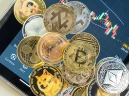 Cryptocurrency on Binance trading app, Bitcoin BTC with altcoin digital coin crypto currency, BNB, Ethereum, Dogecoin, Cardano, defi p2p decentralized fintech market