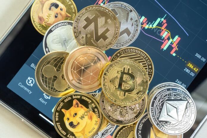 image_1326770854.jpg Cryptocurrency on Binance trading app, Bitcoin BTC with altcoin digital coin crypto currency, BNB, Ethereum, Dogecoin, Cardano, defi p2p decentralized fintech market
