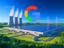 Illustration of Google's exploration of nuclear energy for AI power, generated by artificial intelligence.