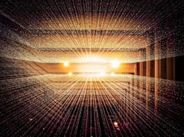 Graphic depiction of data flowing as golden light; image by Joshua Sortino, via Unsplash.com.