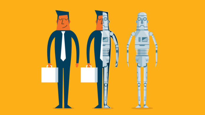 man-machine-1152x648.jpg Evolution of robots. Concept of replacing people with robots, artificial intelligence.