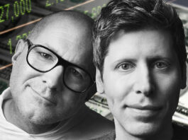 Jony Ive (left) and Sam Altman (right) photographed in black in white with money and stock counts in the background