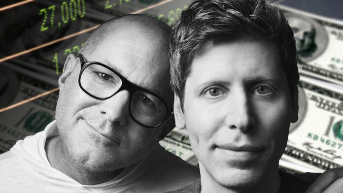 pYtGky8Uzc9ZAhEFymqPbJ.jpg Jony Ive (left) and Sam Altman (right) photographed in black in white with money and stock counts in the background
