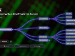 NotebookLM screenshot with branch diagram of Telemachus Confronts the Suitors