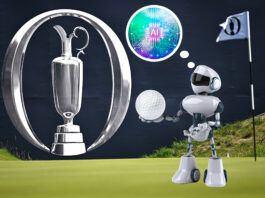 A green at the Open Championship at Royal Portrush, with the flag and grandstands bearing the Open logo, with an inset image of a robot holding a golf ball and a thought bubble filled with an AI brain to represent AI picking its winner for the Open Championship 2025