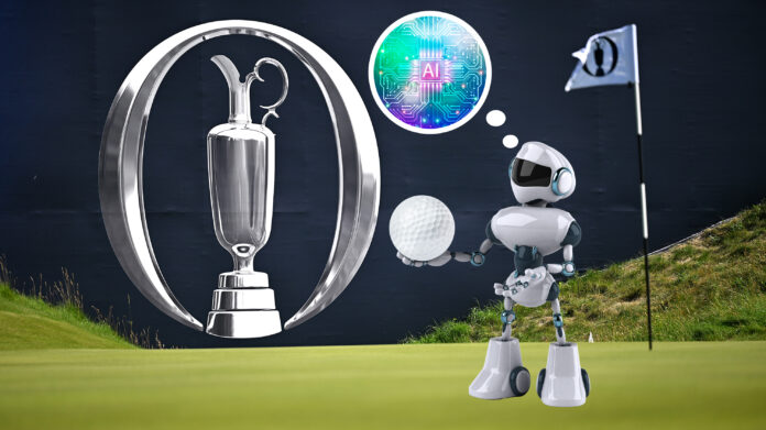 vEhQFwgihWXg3jGzM7U6nS.jpg A green at the Open Championship at Royal Portrush, with the flag and grandstands bearing the Open logo, with an inset image of a robot holding a golf ball and a thought bubble filled with an AI brain to represent AI picking its winner for the Open Championship 2025