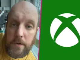 Person in yellow sweater beside Xbox logo