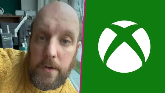 Person in yellow sweater beside Xbox logo