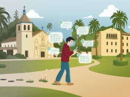 Cartoon of male students walking on campus with phone that has going green tips on the screen.