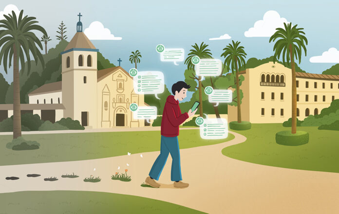 1160MyEcoPal-Illustration.jpg Cartoon of male students walking on campus with phone that has going green tips on the screen.