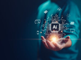 A person holding out their hand with a digital AI symbol.
