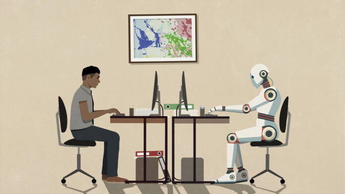 6uu7UE4qZccXFR86MEC2in.jpg Automation concept image showing human software developer working on a desktop computer mirrored by a robot working on a desktop computer.