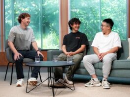 (From left) Meta CEO Mark Zuckerberg with Meta's chief AI officer Alexandr Wang and new hire Shengjia Zhao, chief scientist of Meta's Superintelligence Labs.