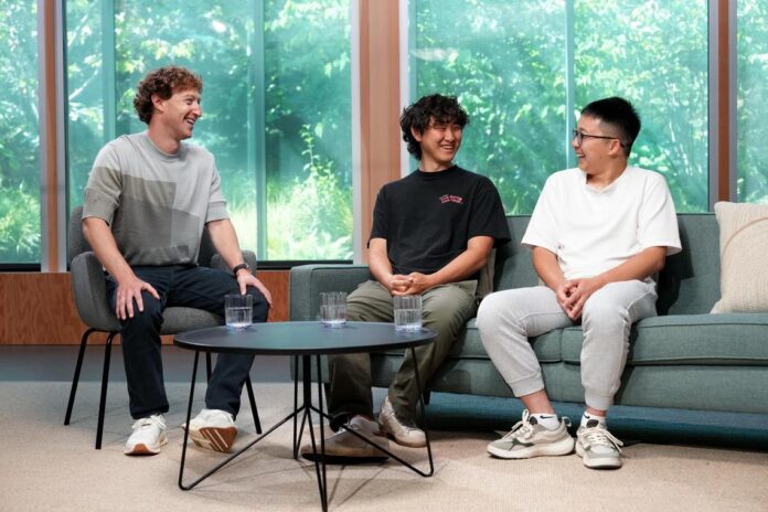 9768f0a4e477b272f4c44adbbd63842ef8fde621215ecaa40f02e45093732a03.jpeg (From left) Meta CEO Mark Zuckerberg with Meta's chief AI officer Alexandr Wang and new hire Shengjia Zhao, chief scientist of Meta's Superintelligence Labs.