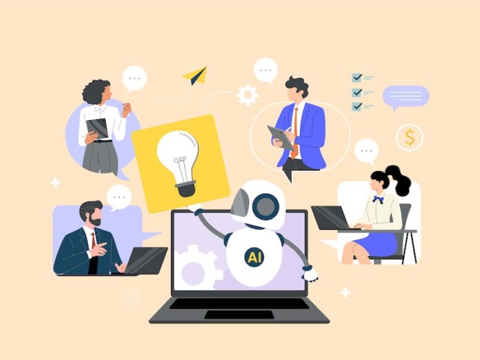 AI-Marketing-Use-Adobe.jpeg Abstract meeting concept vector illustration. Experts use AI tools for meetings and planning