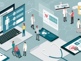 Healthcare and innovative technology: apps for medical exams and online consultation concept