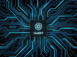 An OpenAI logo over some circuits.