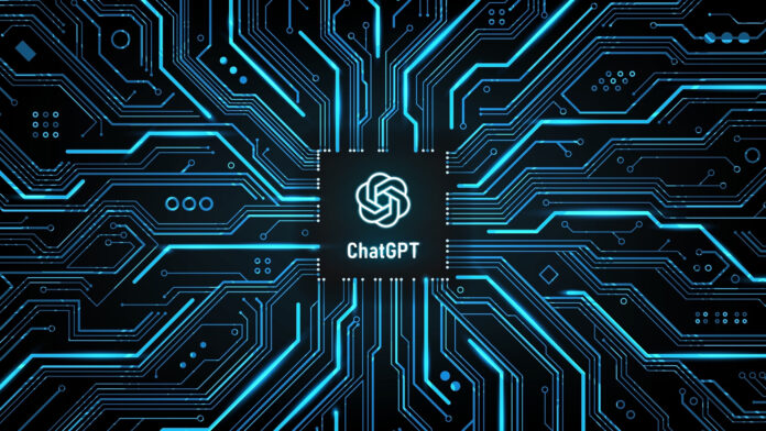 An OpenAI logo over some circuits.