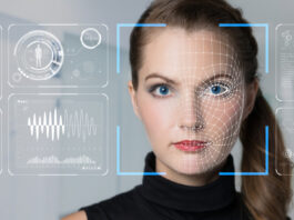 A person's face against a digital background.