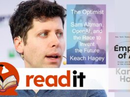 Creator of ChatGPT Sam Altman with the covers of books Empire of AI and The Optimist