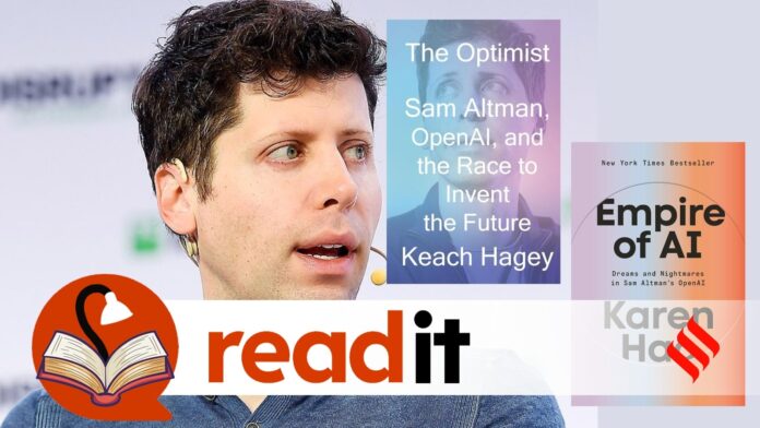 Sam-Altman-Read-It.jpg Creator of ChatGPT Sam Altman with the covers of books Empire of AI and The Optimist
