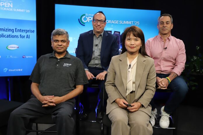 Shiva Gurumurthy of AMD, Simon Lightstone of EnterpriseDB, Junxia Zhou of Supermicro, and Sagy Volkov of Lightbits Labs talk with theCUBE about app modernization during the Open Storage Summit.