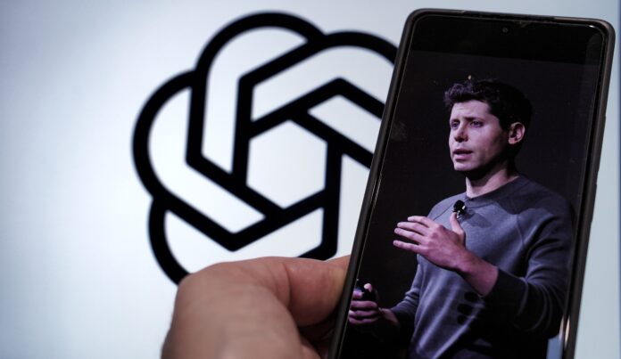 Sam Altman on a phone with ChatGPT logo